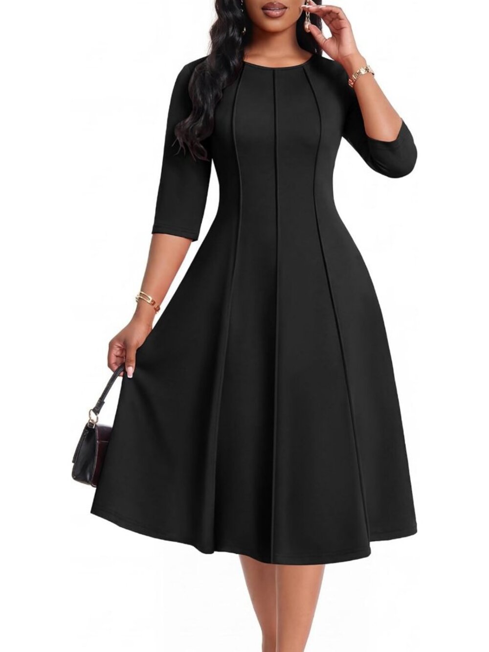 Chic 3/4 Sleeve Midi Dress for Women | Semi-Formal Church Dress with Pockets